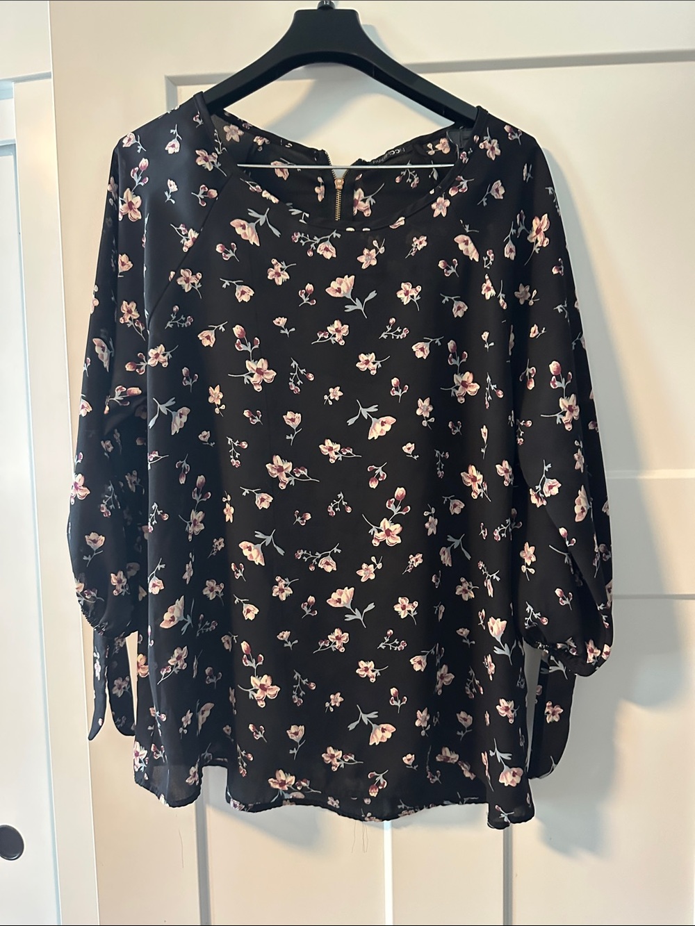Papermoon Black Floral Tie-Sleeve Blouse with Pink Accents